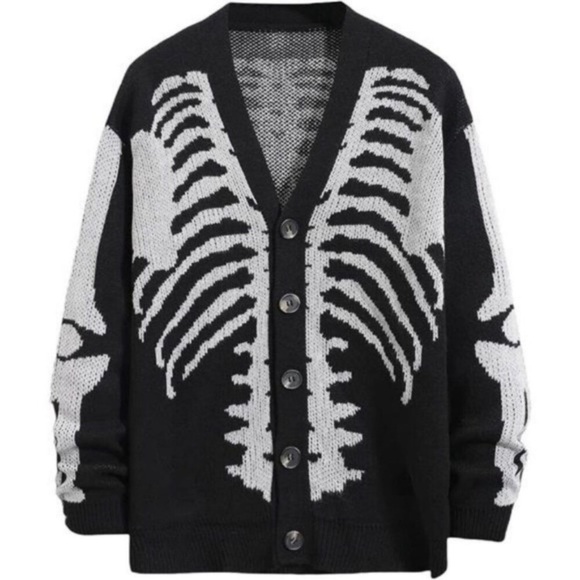 Halloween Cardigan Sweater Black Skeleton Skull Outwear Jacket Coat Unisex - Picture 1 of 3